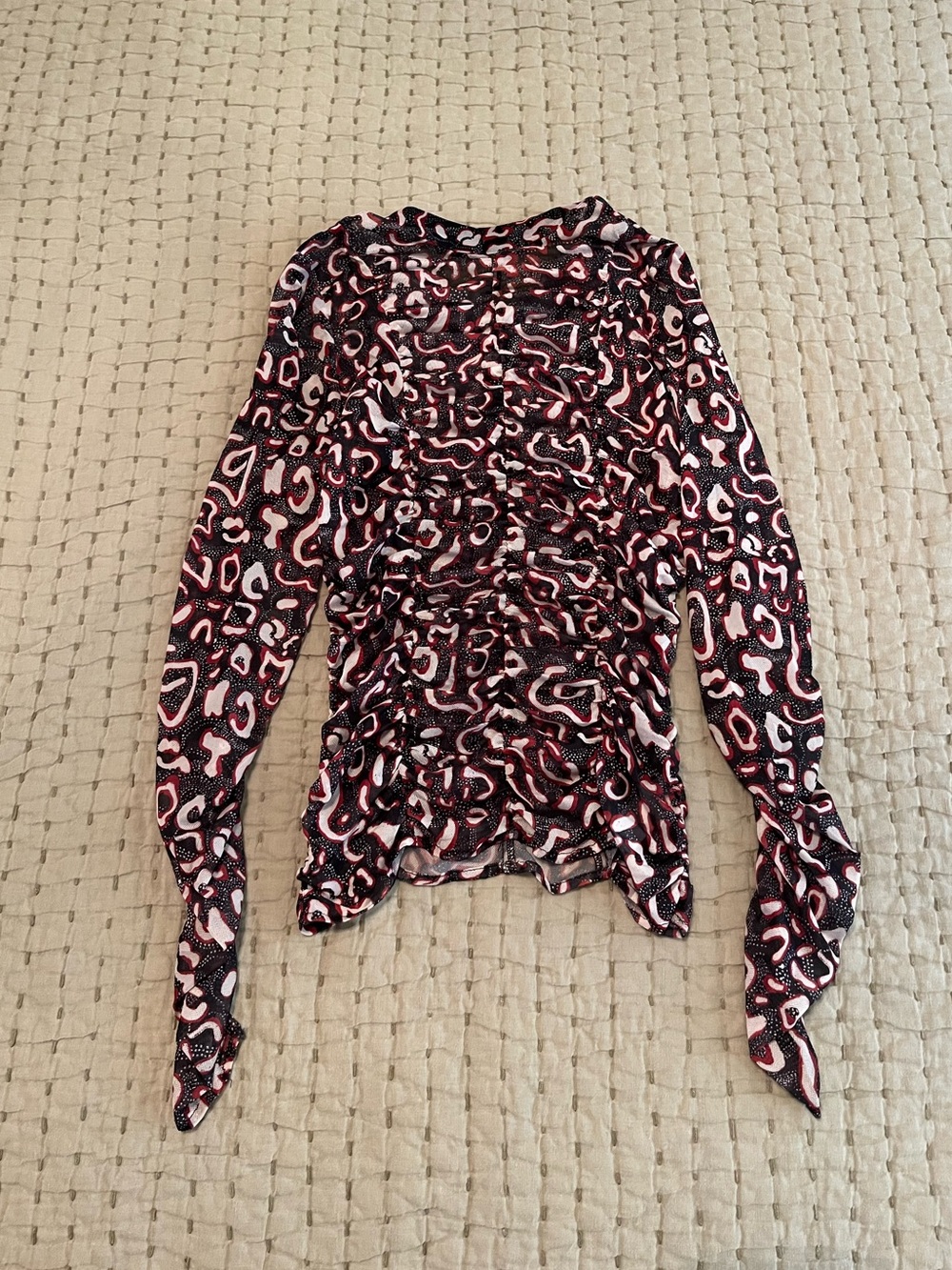 Rebecca Minkoff Sheer Black and red Ruched Long-Sleeve Top